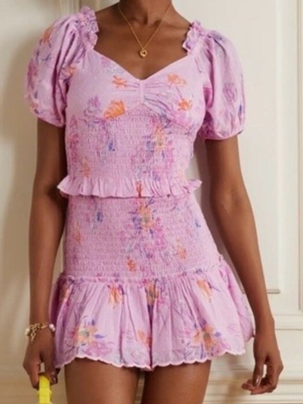 LoveShackFancy Lavender Floral Smocked Mini Dress